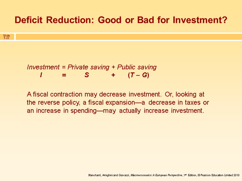 Deficit Reduction: Good or Bad for Investment? Investment = Private saving + Public saving